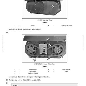 K&ouml;nnte beinhalten: Diagramm von Maschinenkomponenten, einschlie&szlig;lich einer Getriebeabdeckung und einer Header-Antriebskette. Das Bild enth&auml;lt Beschriftungen f&uuml;r Teile wie Kapschrauben, Umlenkrollenhalterung und Antriebsritzel, mit Wartungsanweisungen.