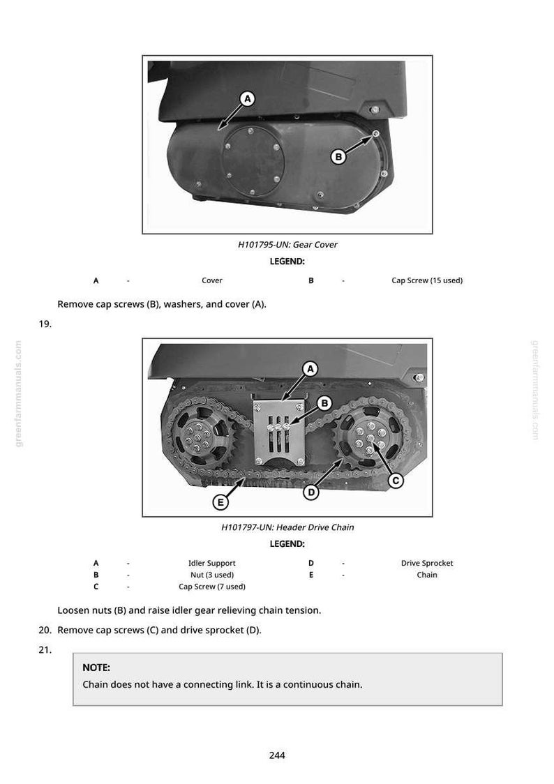 K&ouml;nnte beinhalten: Diagramm von Maschinenkomponenten, einschlie&szlig;lich einer Getriebeabdeckung und einer Header-Antriebskette. Das Bild enth&auml;lt Beschriftungen f&uuml;r Teile wie Kapschrauben, Umlenkrollenhalterung und Antriebsritzel, mit Wartungsanweisungen.