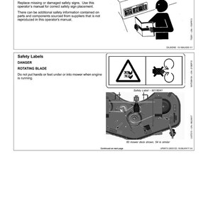 May include: An operator's manual page titled "Safety Labels" with safety warnings. It features illustrations and text, including a warning about a rotating blade. The text advises against placing hands or feet near the mower.
