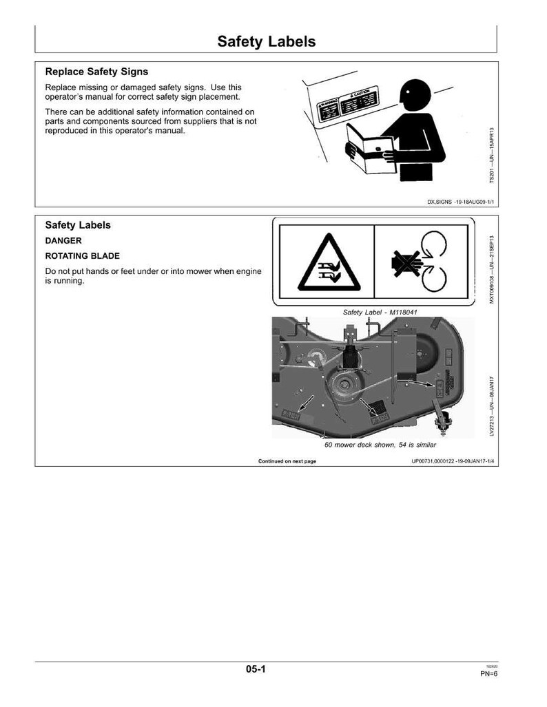 May include: An operator's manual page titled "Safety Labels" with safety warnings. It features illustrations and text, including a warning about a rotating blade. The text advises against placing hands or feet near the mower.