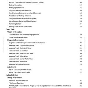 K&ouml;nnte beinhalten: Ein detailliertes Inhaltsverzeichnis aus einem Handbuch mit &Uuml;berschriften und Unter&uuml;berschriften in schwarzem Text auf wei&szlig;em Hintergrund. Themen sind unter anderem Batteriebetrieb, Antriebsstrang, Diagnoseinformationen und Hydrauliksysteme.