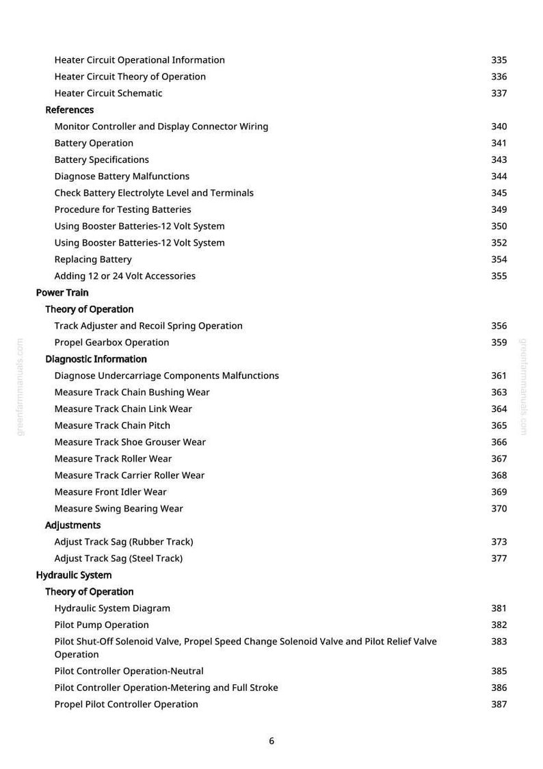 K&ouml;nnte beinhalten: Ein detailliertes Inhaltsverzeichnis aus einem Handbuch mit &Uuml;berschriften und Unter&uuml;berschriften in schwarzem Text auf wei&szlig;em Hintergrund. Themen sind unter anderem Batteriebetrieb, Antriebsstrang, Diagnoseinformationen und Hydrauliksysteme.