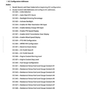 May include: A manual page detailing the Instrument Cluster Control Unit (ICC) configuration and calibration. The text lists ICC configuration addresses and actions, including units selection, backlight settings, and fuel gauge configuration.
