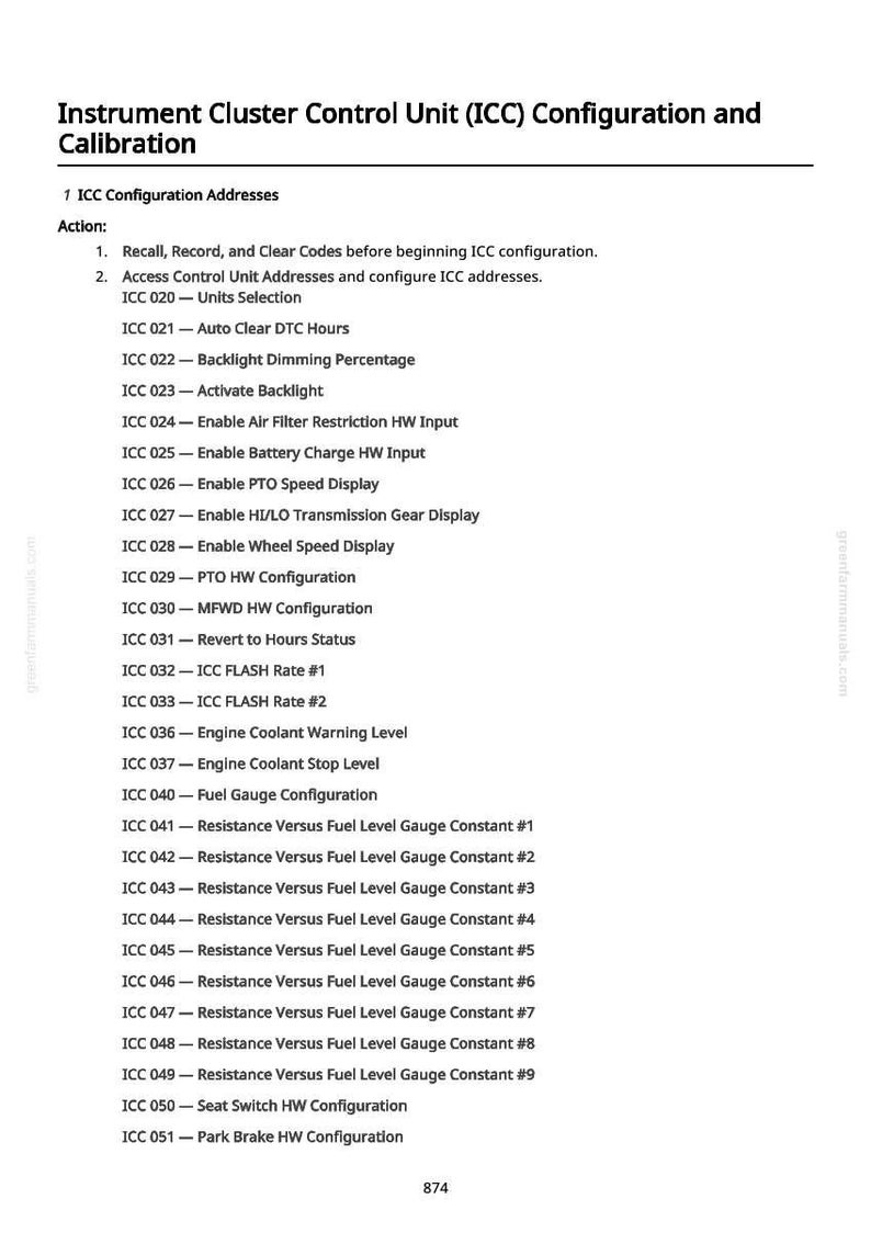 May include: A manual page detailing the Instrument Cluster Control Unit (ICC) configuration and calibration. The text lists ICC configuration addresses and actions, including units selection, backlight settings, and fuel gauge configuration.