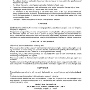 May include: A printed manual for REX3 F-GE tractors by Landini. The document includes sections on introduction, liability, purpose, and copyright. The manual's edition is 08-2020, and it contains technical information for servicing and repairs.