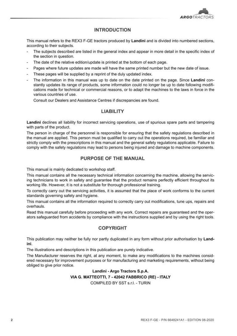May include: A printed manual for REX3 F-GE tractors by Landini. The document includes sections on introduction, liability, purpose, and copyright. The manual's edition is 08-2020, and it contains technical information for servicing and repairs.