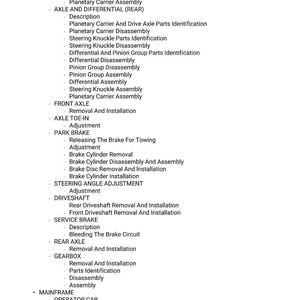 May include: A detailed list of automotive repair procedures, including axle and differential work, brake service, and gearbox maintenance. The text is organized with bullet points and headings for easy navigation. The document covers various components and their associated tasks.