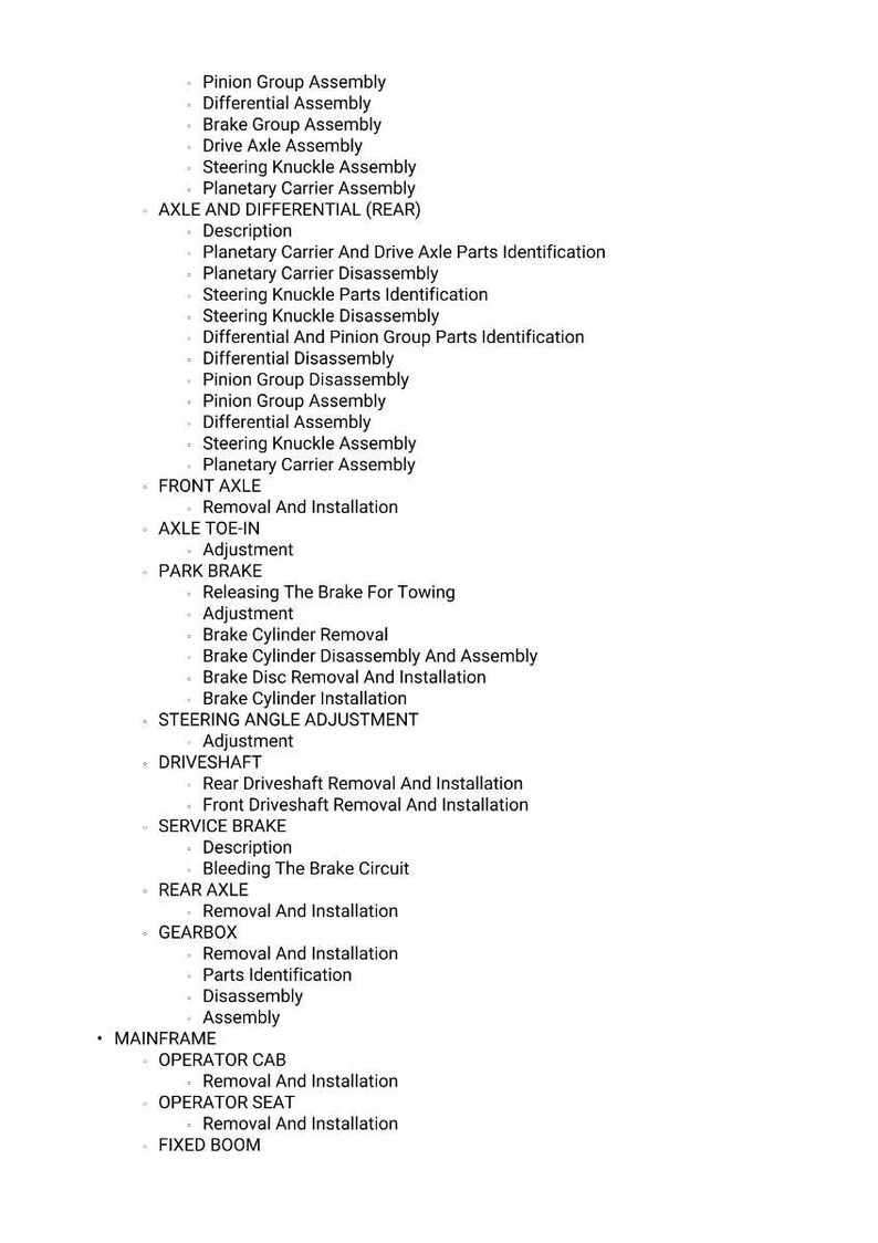 May include: A detailed list of automotive repair procedures, including axle and differential work, brake service, and gearbox maintenance. The text is organized with bullet points and headings for easy navigation. The document covers various components and their associated tasks.