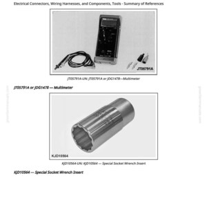 May include: Image of a page with electrical tools. It features a multimeter with attached wires and a special socket wrench insert. Text on the page includes "Electrical Connectors, Wiring Harnesses, and Components - Special Tools, Summary of References."
