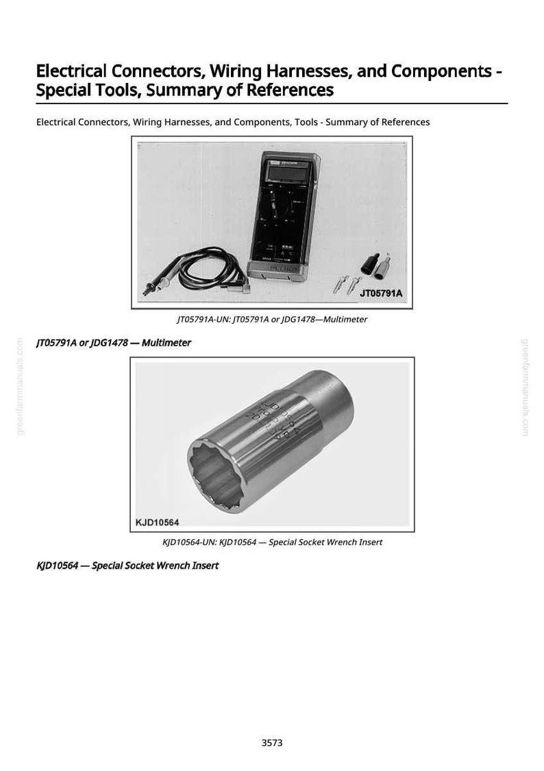 May include: Image of a page with electrical tools. It features a multimeter with attached wires and a special socket wrench insert. Text on the page includes "Electrical Connectors, Wiring Harnesses, and Components - Special Tools, Summary of References."