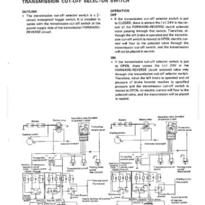 Puede incluir: Diagrama de un sistema de control de transmisi&oacute;n el&eacute;ctrica, que incluye un interruptor selector de corte de transmisi&oacute;n. El diagrama incluye texto y esquemas de circuitos, con etiquetas como "Bater&iacute;a", "Interruptor de arranque" y "Adelante-Atr&aacute;s".