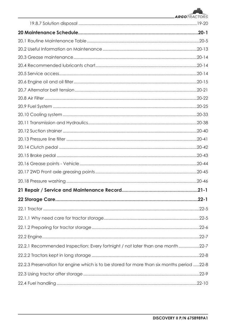May include: A white document detailing a tractor's maintenance schedule, featuring sections on engine oil, fuel systems, and storage care. The document is from ARGO TRACTORS.