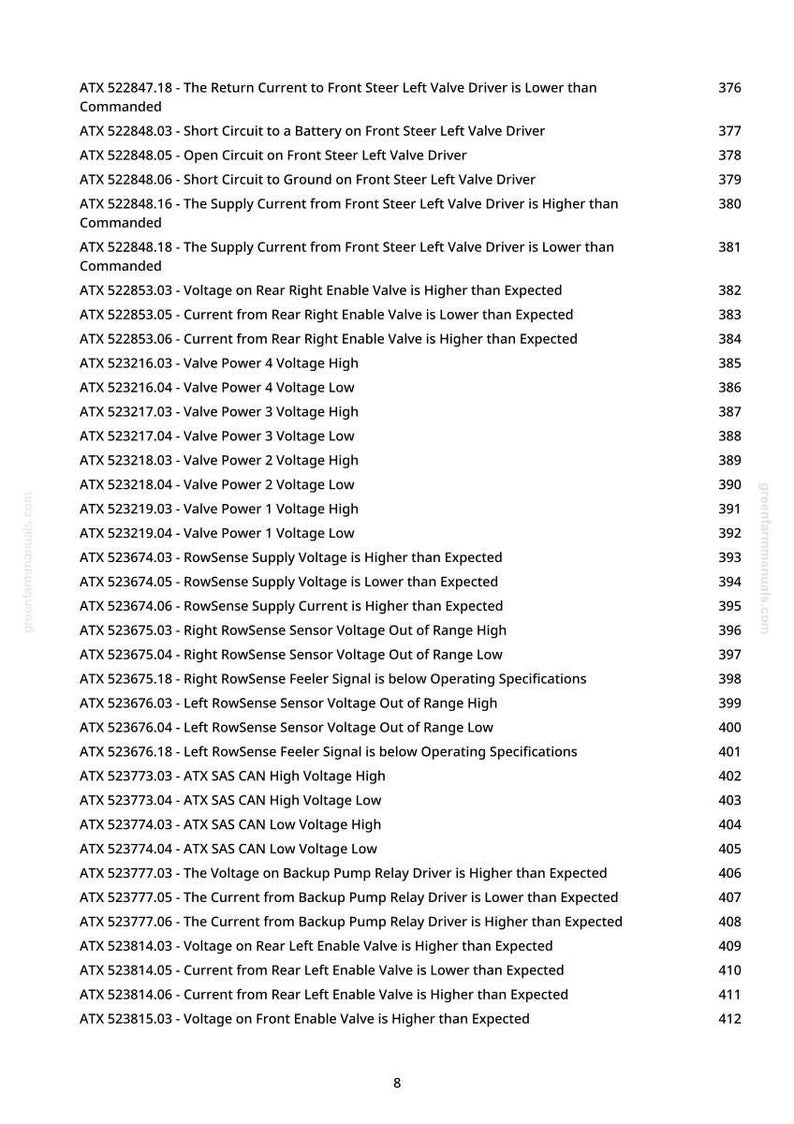 Puede incluir: Una p&aacute;gina de documento en blanco y negro con una lista de c&oacute;digos de diagn&oacute;stico automotriz y sus descripciones. El texto incluye c&oacute;digos como ATX 522847.18 y ATX 522848.03, junto con sus descripciones. El n&uacute;mero de p&aacute;gina es 8.