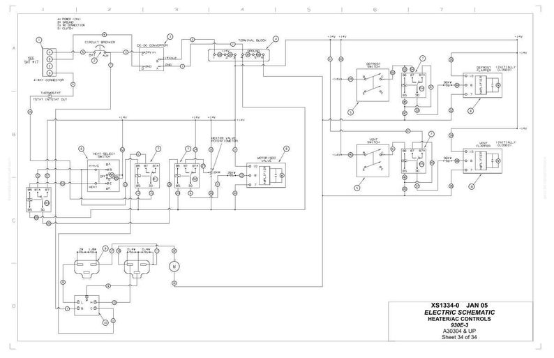 May include: An electrical schematic diagram for heater controls, labelled "Electric Schematic Heateriac Controls 930E-3". The diagram shows various components, wiring, and text labels, with the date "JAN 05" and sheet number 34 of 34.