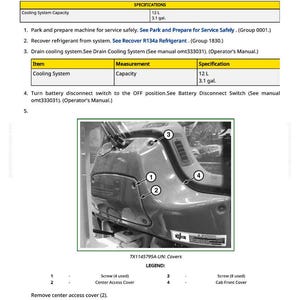 Puede incluir: Diagrama de extracci&oacute;n e instalaci&oacute;n del m&oacute;dulo de aire acondicionado/calentador. La imagen muestra el m&oacute;dulo con componentes numerados y una leyenda. El texto incluye especificaciones del sistema de refrigeraci&oacute;n, 12 litros.