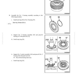 May include: Diagram of a power train assembly process, with numbered components and labels. Includes illustrations of ring gears, housings, and snap rings. Text includes "DISASSEMBLY AND ASSEMBLY" and "POWER TRAIN".
