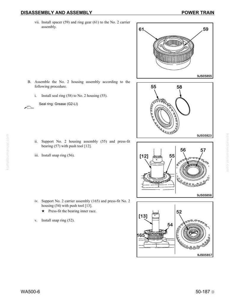 May include: Diagram of a power train assembly process, with numbered components and labels. Includes illustrations of ring gears, housings, and snap rings. Text includes "DISASSEMBLY AND ASSEMBLY" and "POWER TRAIN".