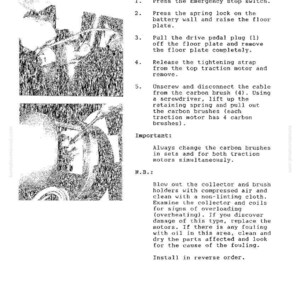 Puede incluir: P&aacute;gina de manual t&eacute;cnico en blanco y negro que detalla las instrucciones para cambiar las escobillas de carb&oacute;n en un motor de tracci&oacute;n. El texto incluye pasos y diagramas.