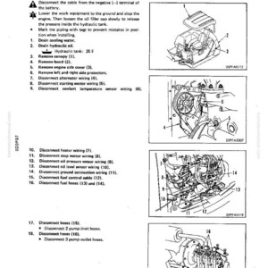 Pode incluir: Diagrama de remo&ccedil;&atilde;o do conjunto da bomba do motor e hidr&aacute;ulica, com etapas numeradas e ilustra&ccedil;&otilde;es. Inclui instru&ccedil;&otilde;es para desconectar a fia&ccedil;&atilde;o, as mangueiras e remover os componentes. O texto inclui "REMOVAL OF ENGINE AND HYDRAULIC PUMP ASSEMBLY".