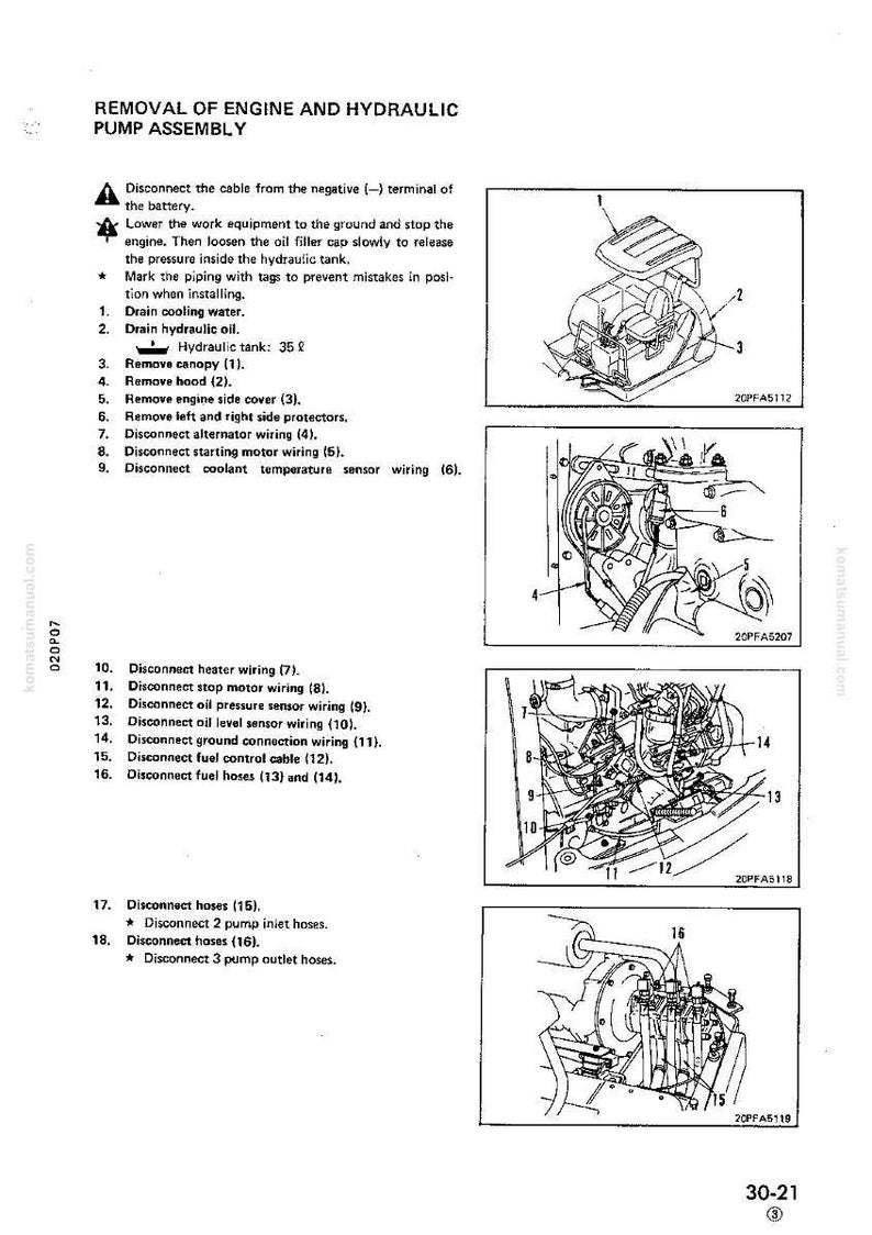 Pode incluir: Diagrama de remo&ccedil;&atilde;o do conjunto da bomba do motor e hidr&aacute;ulica, com etapas numeradas e ilustra&ccedil;&otilde;es. Inclui instru&ccedil;&otilde;es para desconectar a fia&ccedil;&atilde;o, as mangueiras e remover os componentes. O texto inclui "REMOVAL OF ENGINE AND HYDRAULIC PUMP ASSEMBLY".