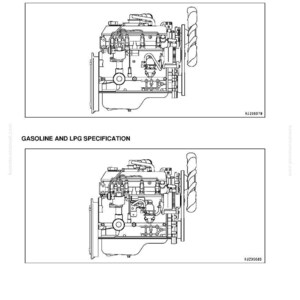 May include: Diagrams of engine layouts, labeled "Gasoline Only Specification" and "Gasoline and LPG Specification." The diagrams are black and white line drawings, showing the internal components of the engine. The text "Fuel System" and "Unit Layout" are at the top.