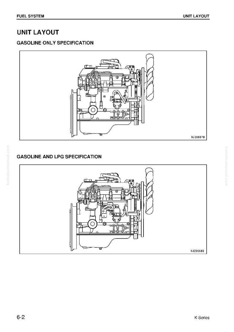 May include: Diagrams of engine layouts, labeled "Gasoline Only Specification" and "Gasoline and LPG Specification." The diagrams are black and white line drawings, showing the internal components of the engine. The text "Fuel System" and "Unit Layout" are at the top.