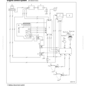 Pode incluir: Diagrama t&eacute;cnico de um sistema de controlo el&eacute;trico, com componentes e cablagem rotulados. As etiquetas de texto incluem "Sistema el&eacute;trico" e "Sistema de controlo do motor". A imagem &eacute; uma ilustra&ccedil;&atilde;o t&eacute;cnica sobre um fundo branco.