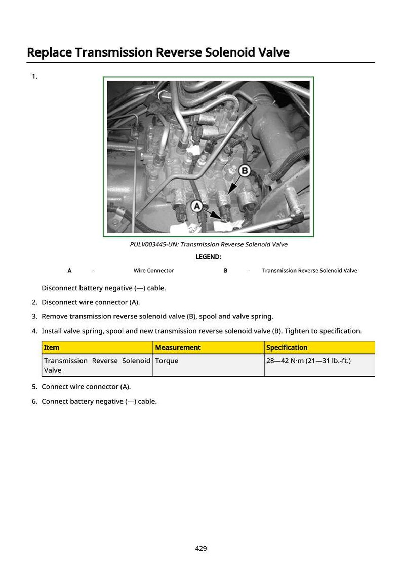 May include: Diagram illustrating the replacement of a transmission reverse solenoid valve. The image includes a detailed view of the valve assembly, labeled components, and torque specifications of 21-31 lb-ft.