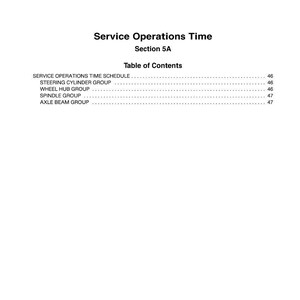 May include: A page from a manual titled "Service Operations Time" with a table of contents. The table lists topics including "Service Operations Time Schedule" and "Steering Cylinder Group". The document is labeled "Section 5A".