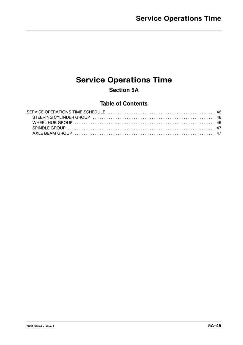 May include: A page from a manual titled "Service Operations Time" with a table of contents. The table lists topics including "Service Operations Time Schedule" and "Steering Cylinder Group". The document is labeled "Section 5A".