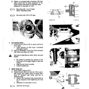 Op de afbeelding: Diagram met demontage- en montage-instructies voor een mechanisch onderdeel. Bevat gedetailleerde illustraties, metingen in kgm en mm, en stappen voor het verbinden van frames en bovenste scharnierpennen. Tekst bevat instructies en waarschuwingen.