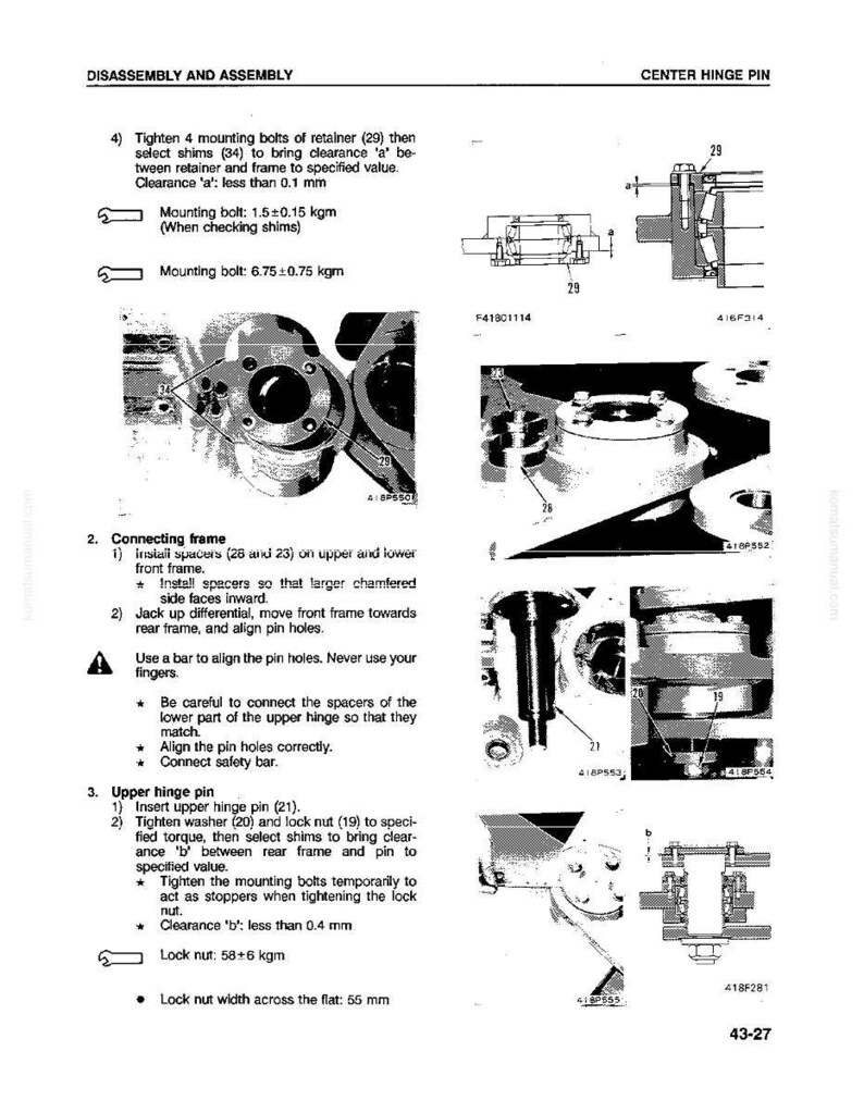Op de afbeelding: Diagram met demontage- en montage-instructies voor een mechanisch onderdeel. Bevat gedetailleerde illustraties, metingen in kgm en mm, en stappen voor het verbinden van frames en bovenste scharnierpennen. Tekst bevat instructies en waarschuwingen.