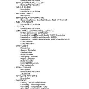 May include: A detailed list of automotive components and procedures, including "ROOF WIPER MOTOR," "SERVICE BRAKE PEDAL ASSEMBLY," and "CALIBRATION" steps. The text is in black against a white background, providing a clear and organized layout.
