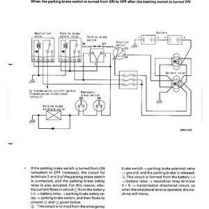 May include: Diagram of an electric parking brake control system, showing the neutralizer relay, parking brake safety relay, and parking brake switch. The diagram includes text and symbols illustrating the system's components and functions.