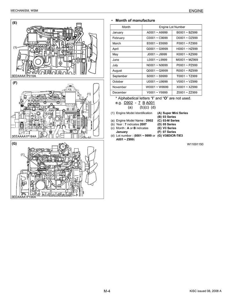 May include: Diagram of an engine with detailed internal components, labeled with part numbers. Includes a table showing the month of manufacture and engine lot number. The image is a technical illustration.