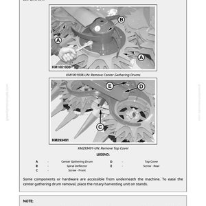 May include: Diagram showing the process of removing centre gathering drums, with labels A, B, C, D, and E indicating different parts. Text includes "Remove Centre Gathering Drums" and "KM1001938-UN: Remove Centre Gathering Drums."