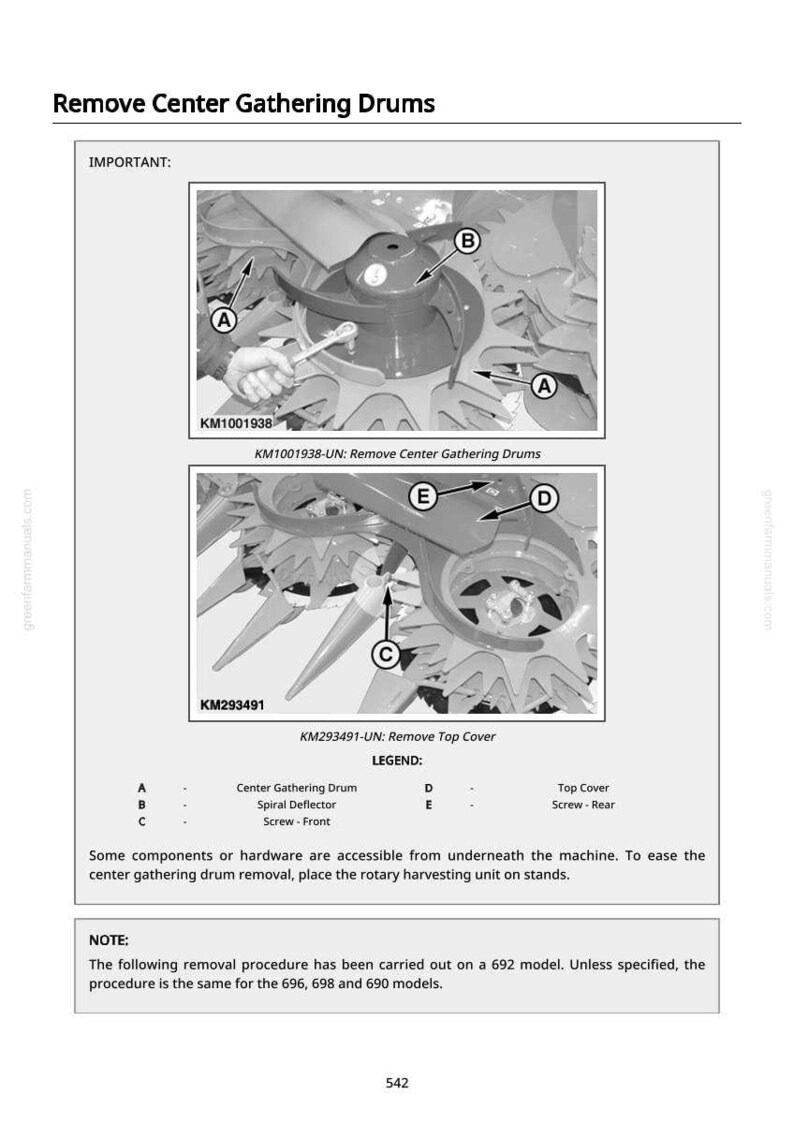 May include: Diagram showing the process of removing centre gathering drums, with labels A, B, C, D, and E indicating different parts. Text includes "Remove Centre Gathering Drums" and "KM1001938-UN: Remove Centre Gathering Drums."