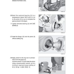 May include: A series of technical illustrations showing the assembly of mechanical components. The images depict steps such as fitting a pinion, installing a flange, and applying a wrench to a ring nut. The text provides instructions.