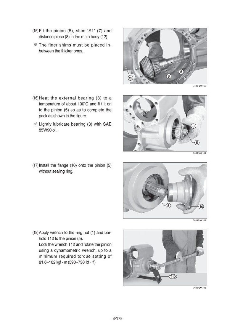 May include: A series of technical illustrations showing the assembly of mechanical components. The images depict steps such as fitting a pinion, installing a flange, and applying a wrench to a ring nut. The text provides instructions.