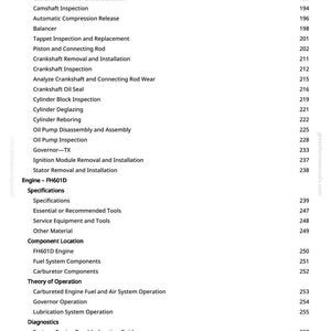 May include: A detailed table of contents from a manual, listing engine repair topics such as valve seats, camshafts, and cylinder inspection. The text is in black font on a white background, with page numbers on the right.