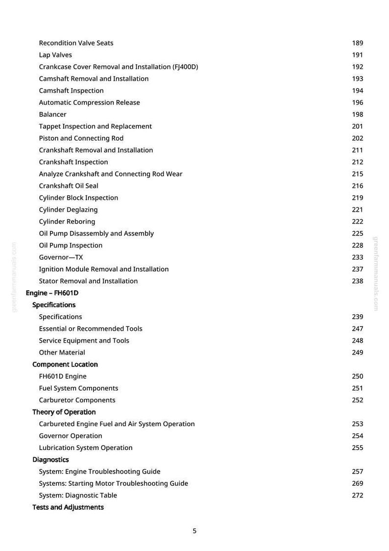 May include: A detailed table of contents from a manual, listing engine repair topics such as valve seats, camshafts, and cylinder inspection. The text is in black font on a white background, with page numbers on the right.