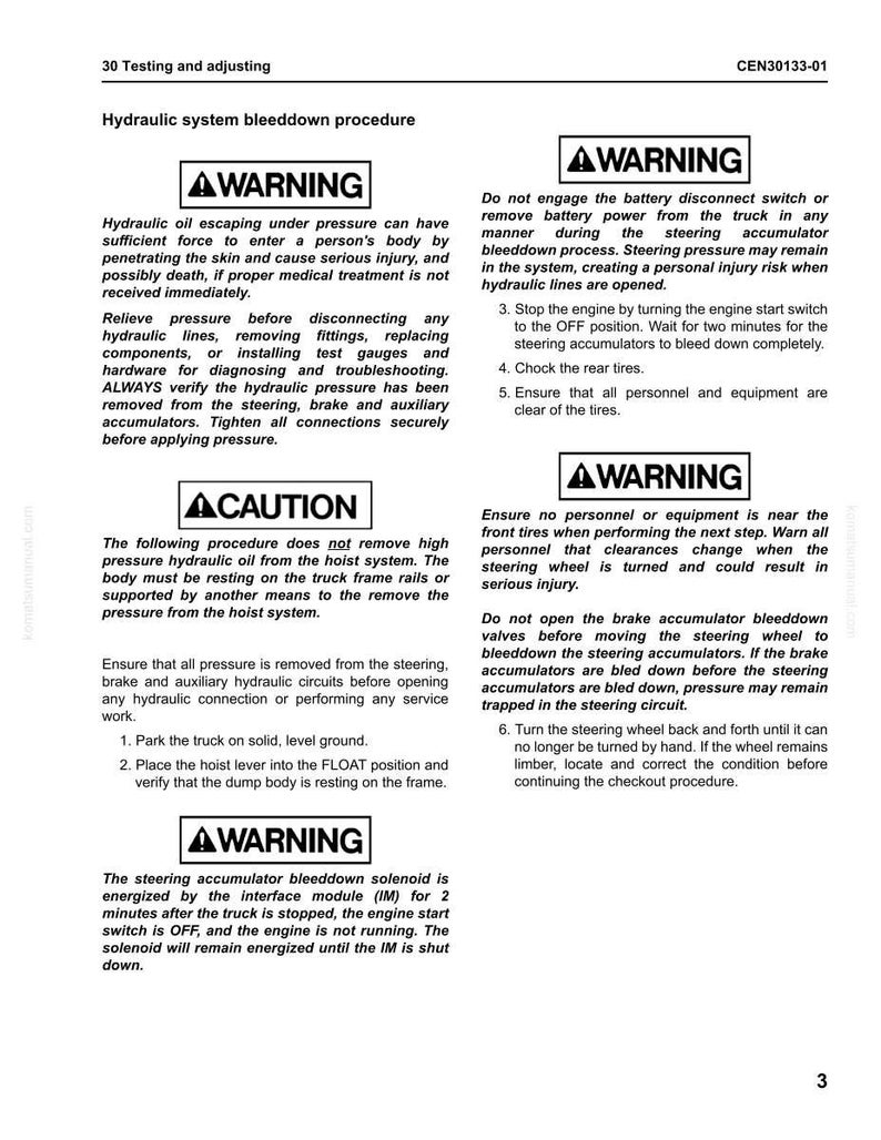 Puede incluir: Una p&aacute;gina de un manual que detalla el procedimiento de purga del sistema hidr&aacute;ulico. Incluye advertencias sobre peligros potenciales, como el aceite hidr&aacute;ulico a presi&oacute;n, e instrucciones de seguridad.
