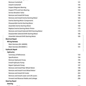 May include: A detailed contents list from a manual, outlining repair and maintenance procedures. The text covers electrical, hydraulic, and steering repairs, with page numbers. The document is set against a white background.