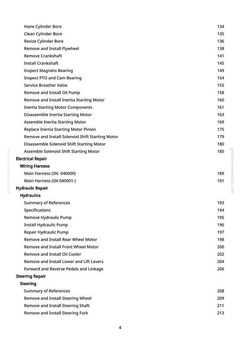 May include: A detailed contents list from a manual, outlining repair and maintenance procedures. The text covers electrical, hydraulic, and steering repairs, with page numbers. The document is set against a white background.
