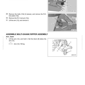 May include: Diagram from a manual detailing the disassembly and assembly of a multi-shank ripper assembly. The diagram shows close-ups of bolts, lock plates, and pins, labelled 13a, 13b, and 13. The text indicates the arm weighs 700 kg.