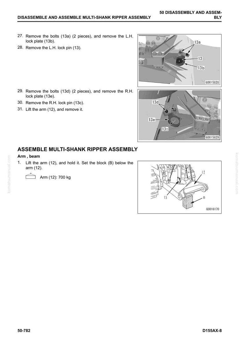 May include: Diagram from a manual detailing the disassembly and assembly of a multi-shank ripper assembly. The diagram shows close-ups of bolts, lock plates, and pins, labelled 13a, 13b, and 13. The text indicates the arm weighs 700 kg.