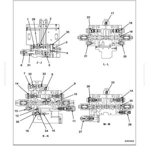 May include: Detailed diagram of a hydraulic system, featuring multiple components and labelled sections. The image includes cross-sectional views and annotations such as 'J-J' and 'L-L'. The text 'STRUCTURE AND FUNCTION' and 'HYDRAULIC SYSTEM' are displayed at the top of the diagram.