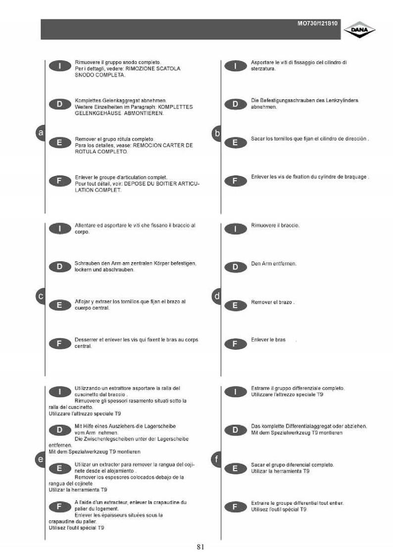 May include: A page from a manual with instructions and diagrams for automotive repair. The text is in multiple languages, including English, Italian, and German. The page is white with black text and diagrams.