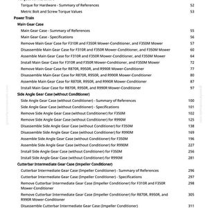 May include: A manual's table of contents, detailing sections like "Lubricant Storage," "Power Train," and "Cutterbar Intermediate Gear Case." Page numbers are provided alongside each entry for quick navigation. The text is black on a white page.