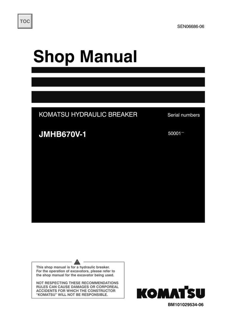 May include: A shop manual for a Komatsu hydraulic breaker. The cover is white with black text, including "Shop Manual" and "KOMATSU HYDRAULIC BREAKER." The model number JMHB670V-1 is also visible, along with the Komatsu logo.